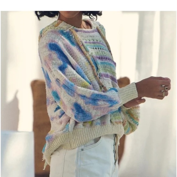 Free People Flower Child Poncho Sweater Hooded Tie Dye Patchwork size small - Picture 7 of 14